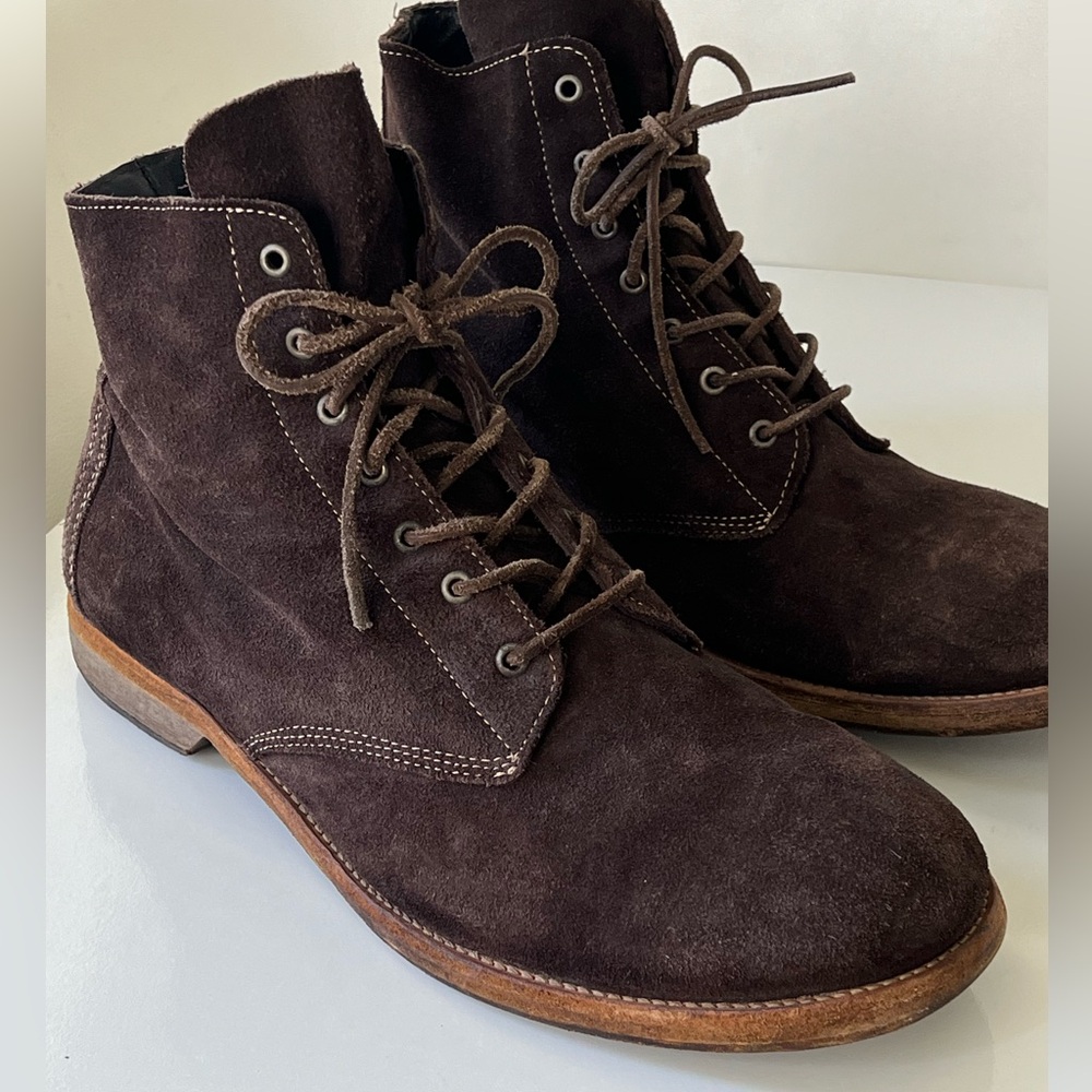 All Saints Suede Chocolate Brown Contrast Stitch Men's Boots Lace Up Size 13